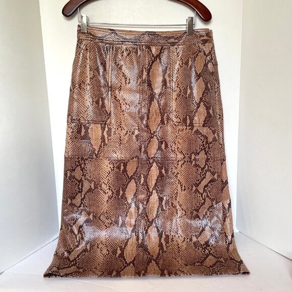 Anthropologie Pencil Skirt Brown Faux Leather Snake Print Knee Length Vegan - Picture 2 of 8